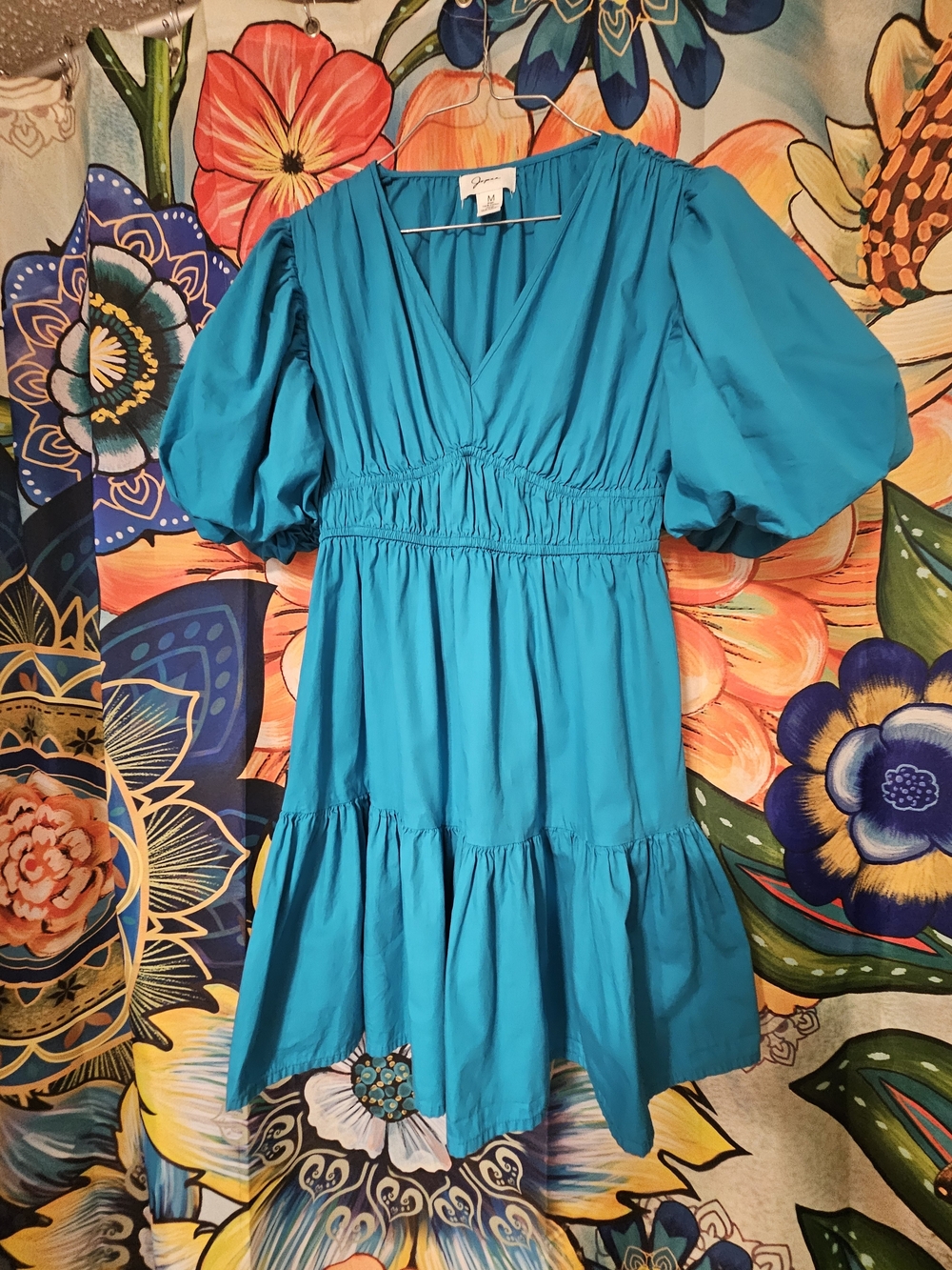 Japna Teal Puff-Sleeve V-Neck Tiered Mini Dress